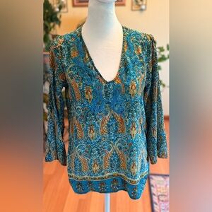 Tolani Women’s Silk Beaded Bohemian Printed Size Small Blouse Teal & Mustard